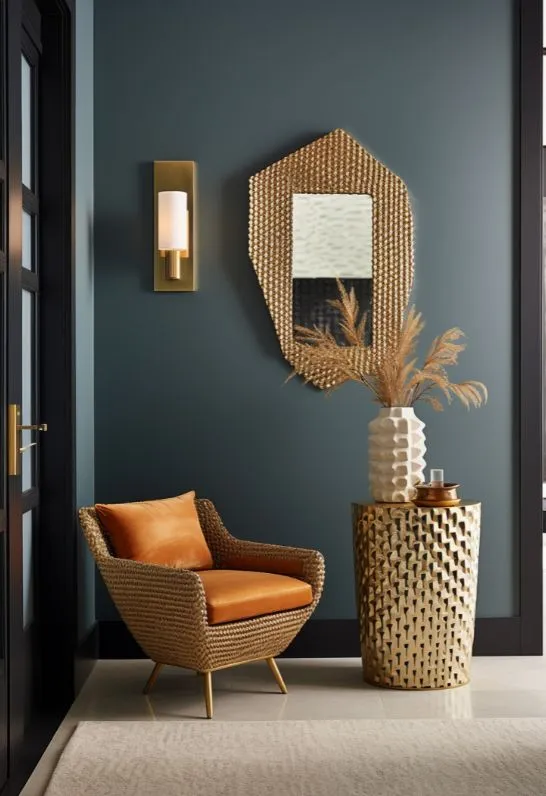Modern corner seating area with teal walls, a gold hammered metal side table, and a woven wicker accent chair with orange cushions.