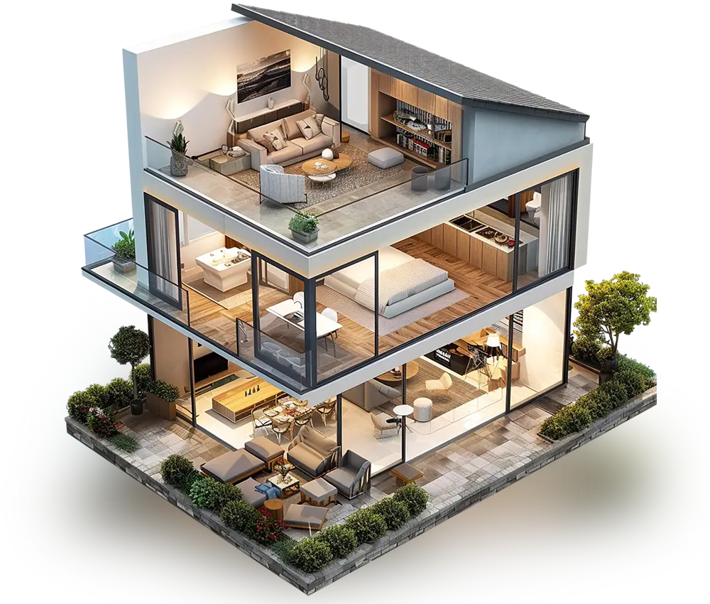 3D isometric view of a modern 3-story luxury house design with minimalist interior decor and glass walls.