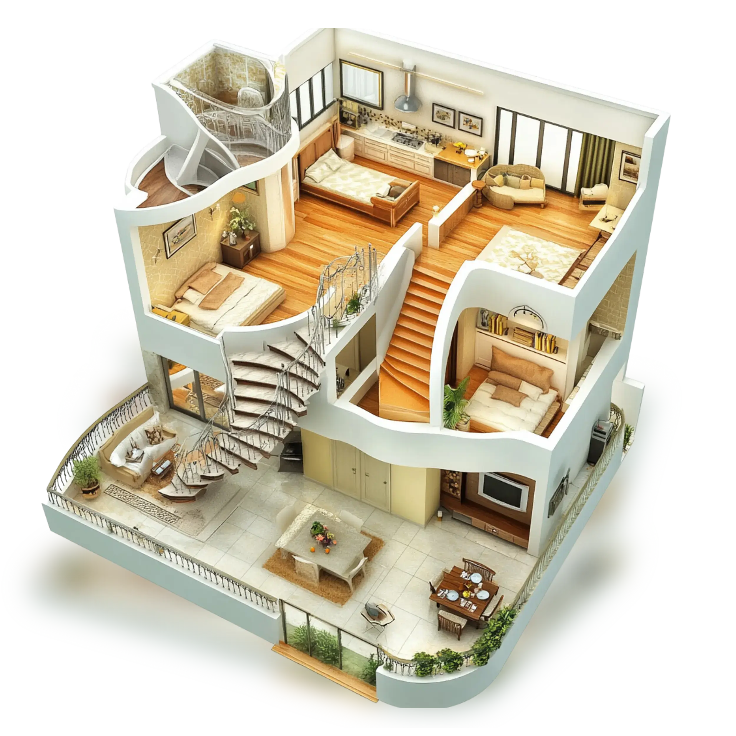 3D isometric view of a modern 3-story luxury house design with minimalist interior decor and glass walls.
