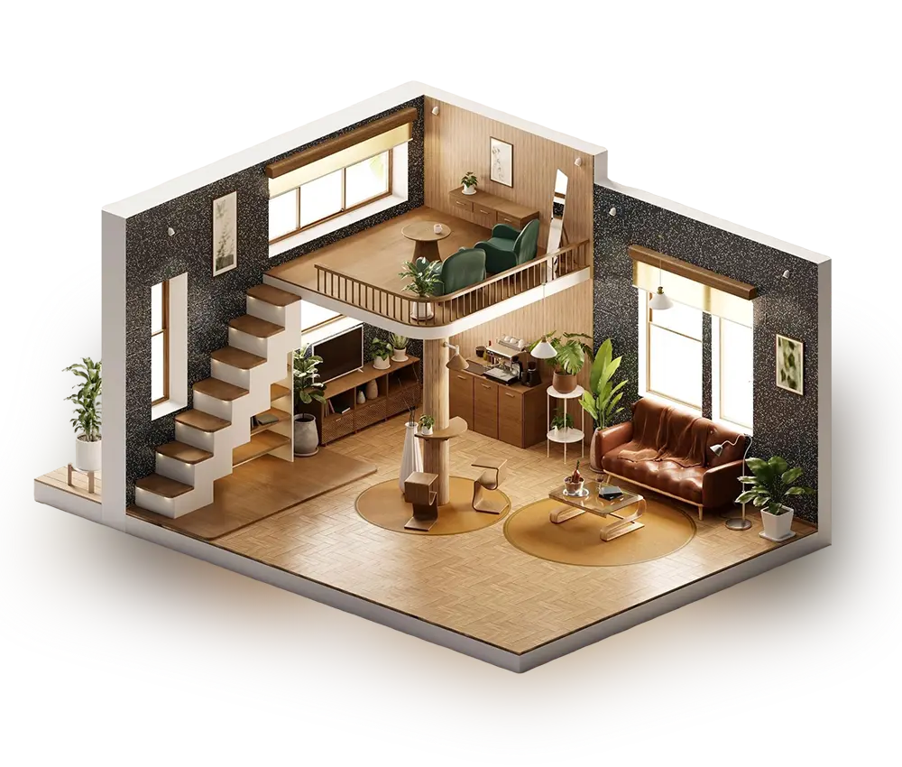 3D isometric view of a modern 3-story luxury house design with minimalist interior decor and glass walls.