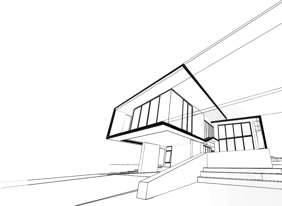 Black and white 3D architectural wireframe of a modern luxury villa with a cantilevered balcony and large glass windows.