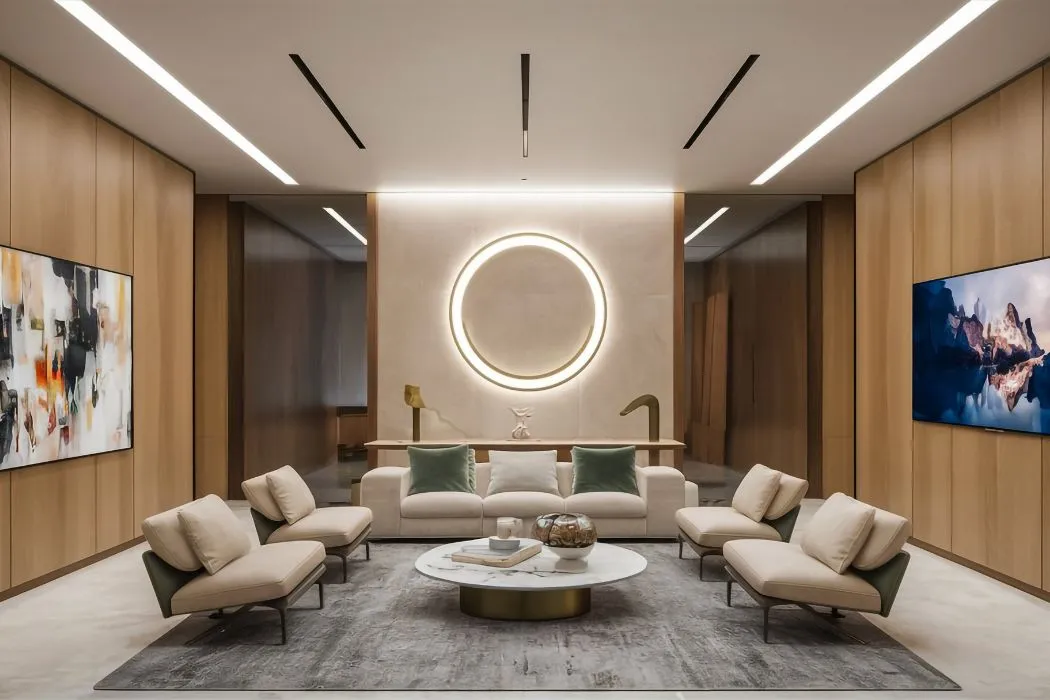 Modern minimalist living room with a large circular halo wall light, wood-paneled walls, and luxury cream lounge chairs.