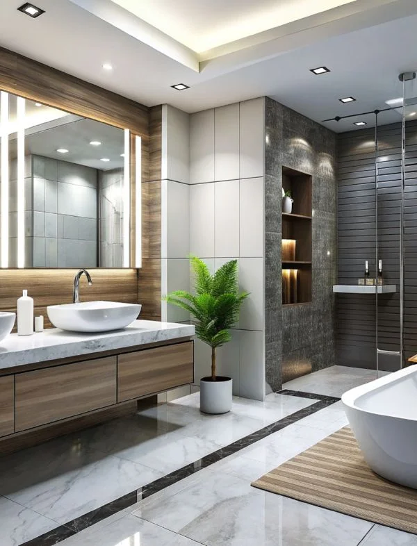 Modern luxury bathroom interior featuring a floating wood vanity, white vessel sink, and large backlit LED mirror with stone tile walls.