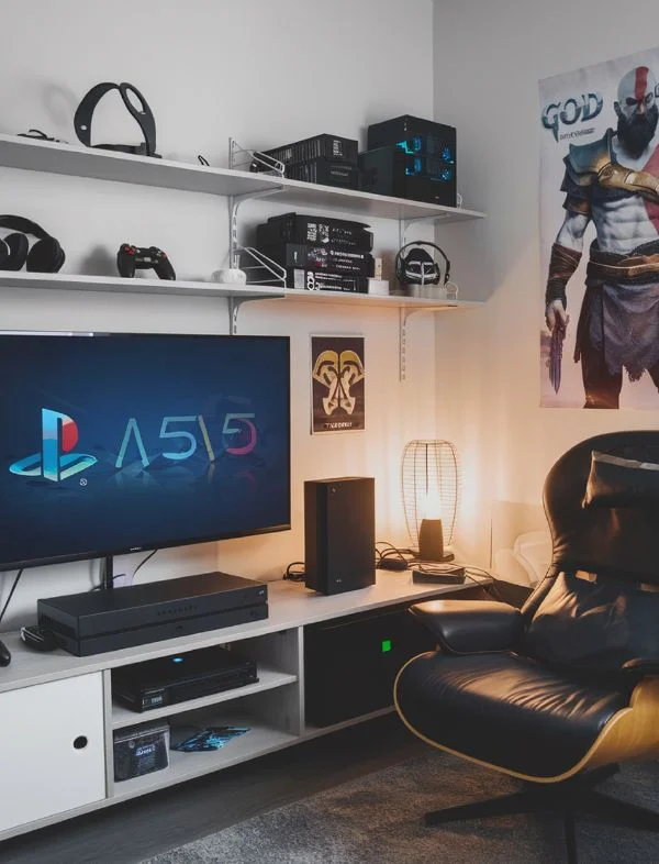 Modern gaming room setup featuring a large PlayStation 5 display, wall-mounted floating shelves for gaming headsets and controllers, and an ergonomic leather gaming chair.