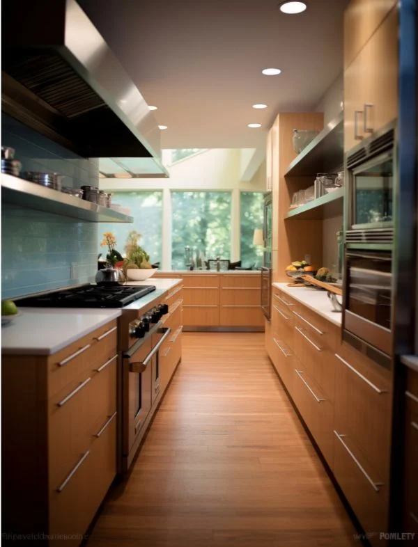 Modern galley kitchen featuring light wood cabinetry, white countertops, a professional stainless steel range hood, and a large window providing views of nature.