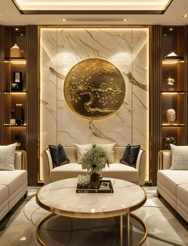 Luxury modern living room featuring a large marble wall panel with a circular gold bonsai art piece, integrated LED warm lighting, and fluted wall details.