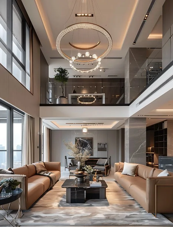Luxury double-height living room with a grand triple-ring halo chandelier, tan leather sofas, a black marble coffee table, and a glass-railing mezzanine balcony.