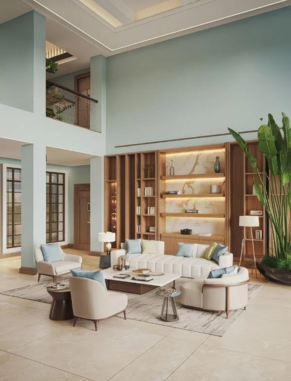 Luxury double-height living room with mint green walls, a bespoke floor-to-ceiling wooden bookshelf with marble backing, and contemporary cream sofas with blue accent pillows.