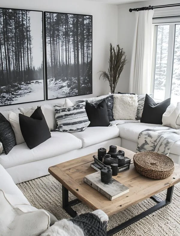 Modern monochrome living room featuring a large white sectional sofa, black and white forest wall art, and a rustic reclaimed wood coffee table with black metal legs.
