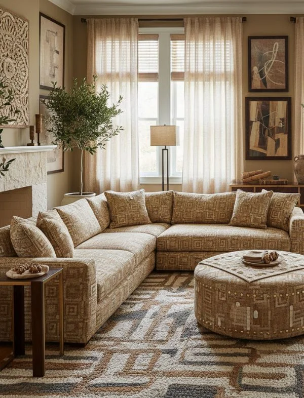 Warm contemporary living room featuring a tan patterned sectional sofa with a matching round ottoman, a geometric high-pile area rug, and sheer linen curtains with a central floor lamp.