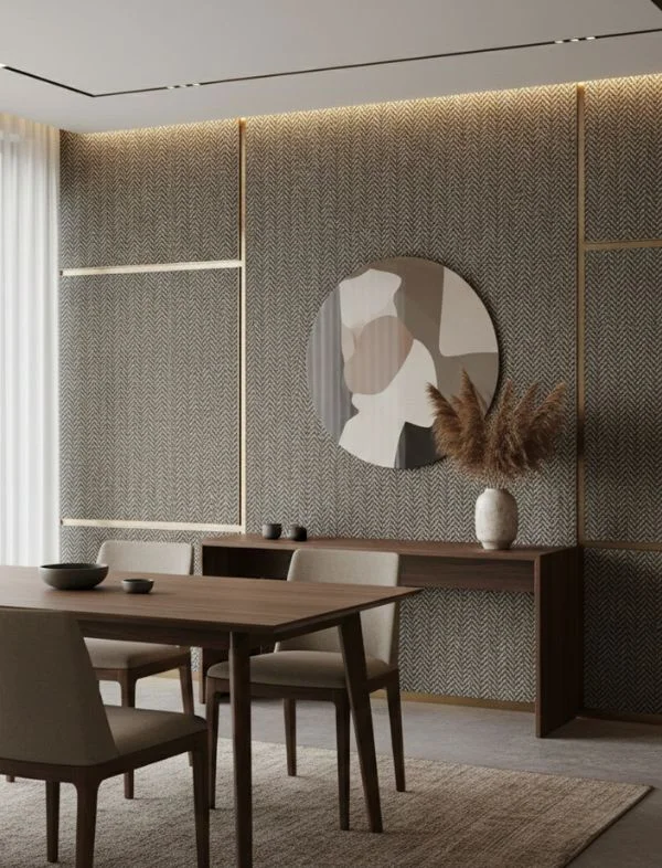 Modern luxury dining room featuring a grey herringbone fabric accent wall with gold metal inlays, a circular abstract wall art piece, and a minimalist walnut dining table with beige upholstered chairs.