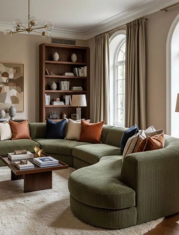 Modern living room featuring a curved olive green corduroy sectional sofa with terracotta and navy accent pillows, a dark wood coffee table, and a built-in walnut bookshelf.