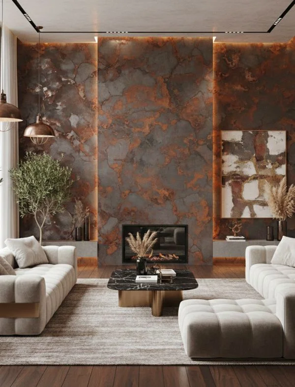Modern luxury living room featuring a backlit rusted iron feature wall, a minimalist black fireplace, cream tufted sofas with gold accents, and a black marble coffee table with gold legs.