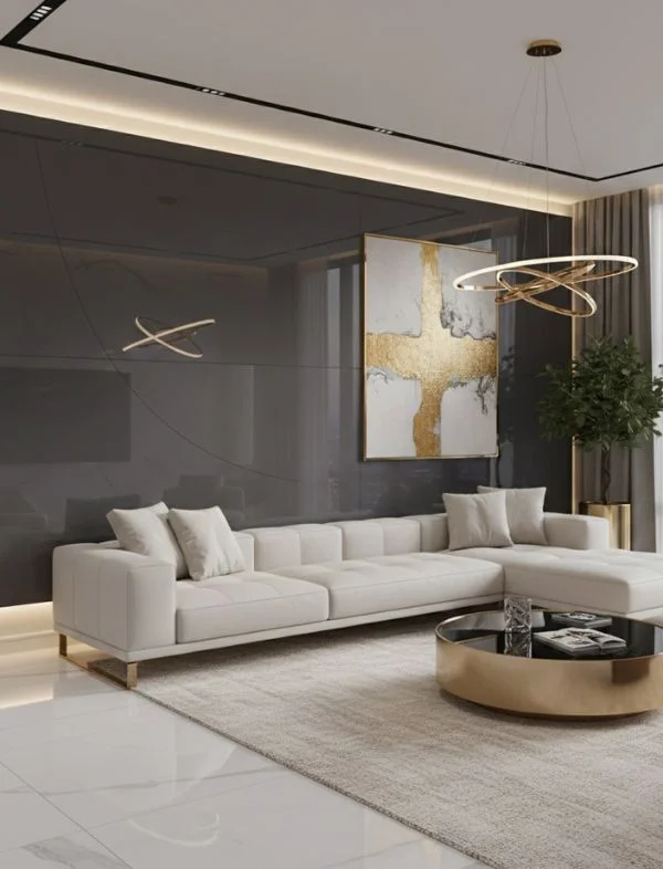 Luxury modern living room featuring a high-gloss charcoal grey feature wall, a white tufted sectional sofa, a gold ring chandelier, and a gold leaf abstract painting.