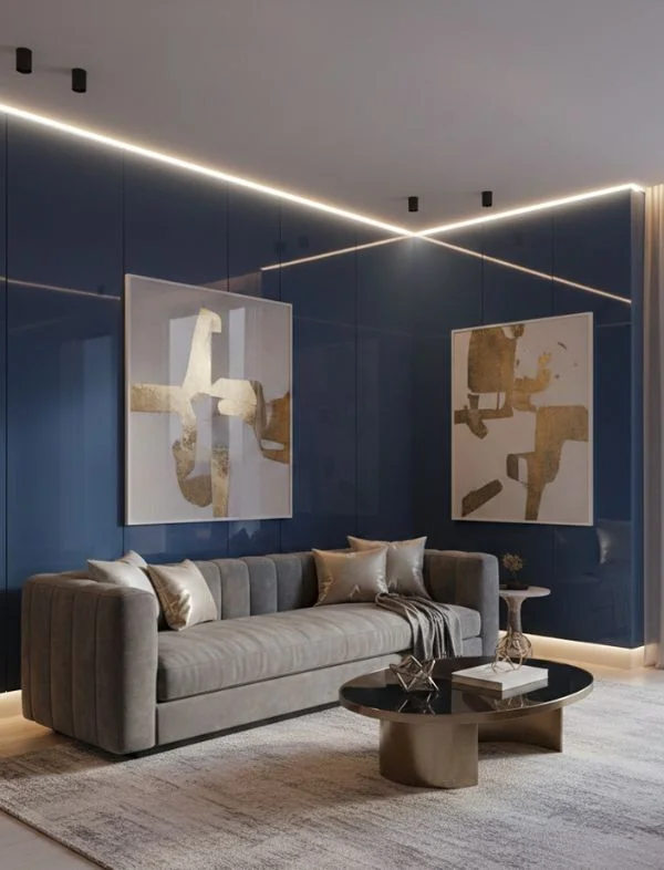 Luxury modern living room featuring high-gloss navy blue lacquered wall panels, a grey channeled velvet sofa, gold leaf abstract wall art, and integrated LED linear lighting.