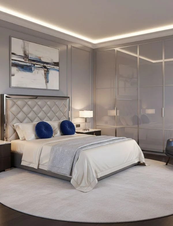 Luxury modern bedroom featuring a beige diamond-tufted headboard, royal blue accent pillows, a large glossy grey fitted wardrobe, and a recessed tray ceiling with warm LED cove lighting.