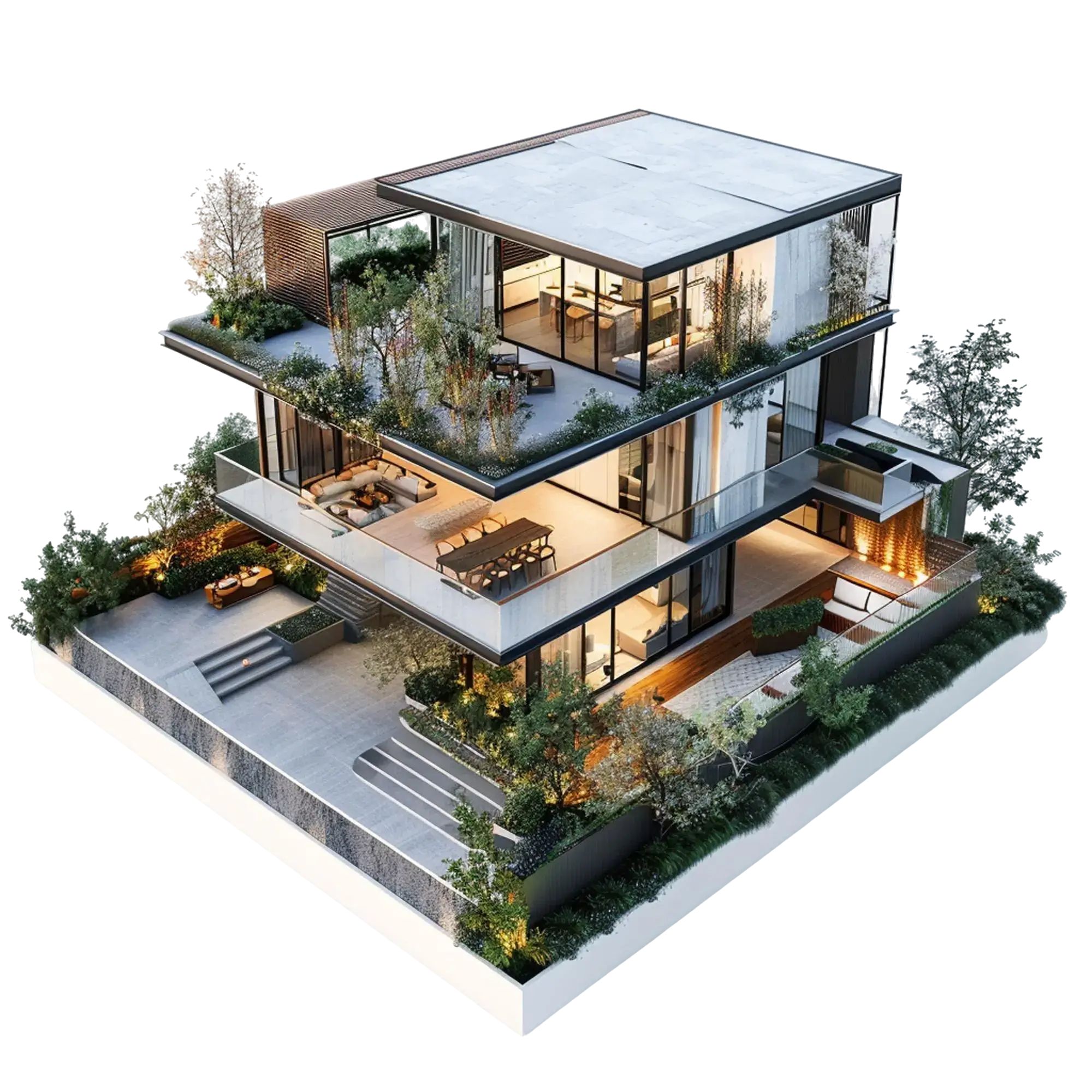 3D isometric view of a modern 3-story luxury house design with minimalist interior decor and glass walls.
